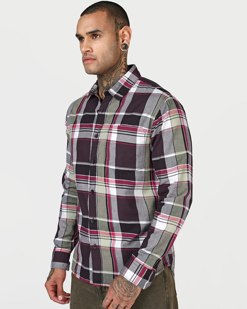 bewakoof Men's Maroon & Green Checked Shirt